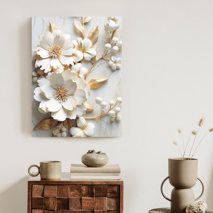 Poster Weiße Blumen Auf Einem Holztisch Rahmen Hölzern Farbe Natürlich