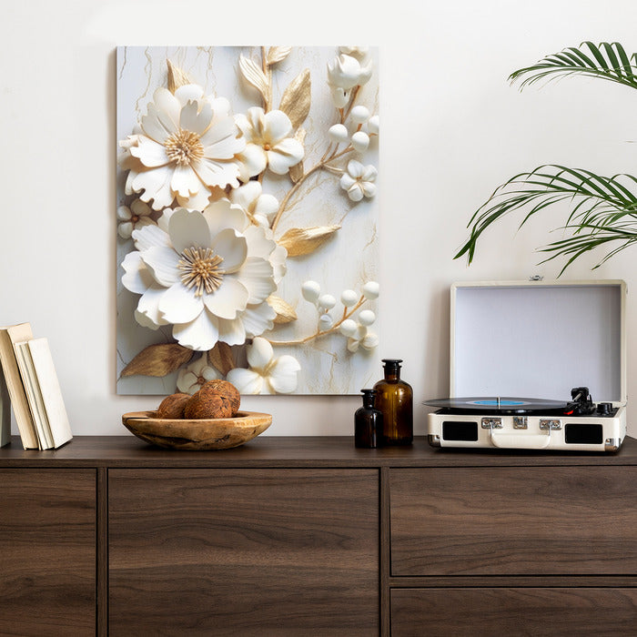 Poster Weiße Blumen Auf Einem Holztisch Rahmen Hölzern Farbe Natürlich