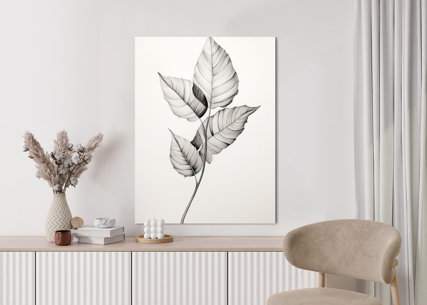 Poster Schwarze Und Weiße Blätter Rahmen Holz Mit Passepartout Farbe Natürlich