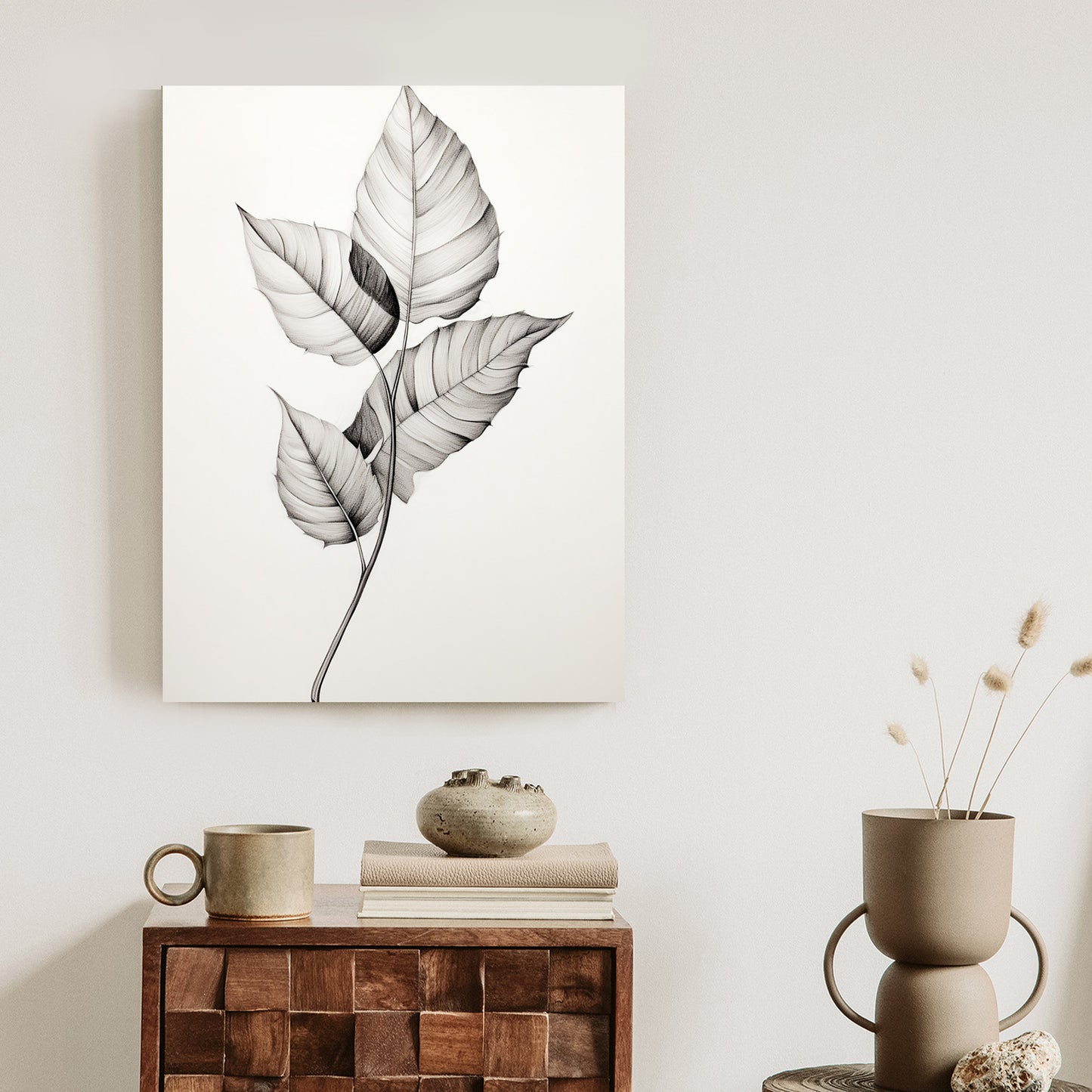 Poster Schwarze Und Weiße Blätter Rahmen Holz Mit Passepartout Farbe Natürlich