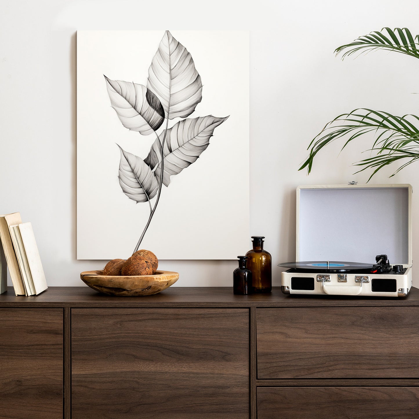 Poster Schwarze Und Weiße Blätter Rahmen Holz Mit Passepartout Farbe Natürlich