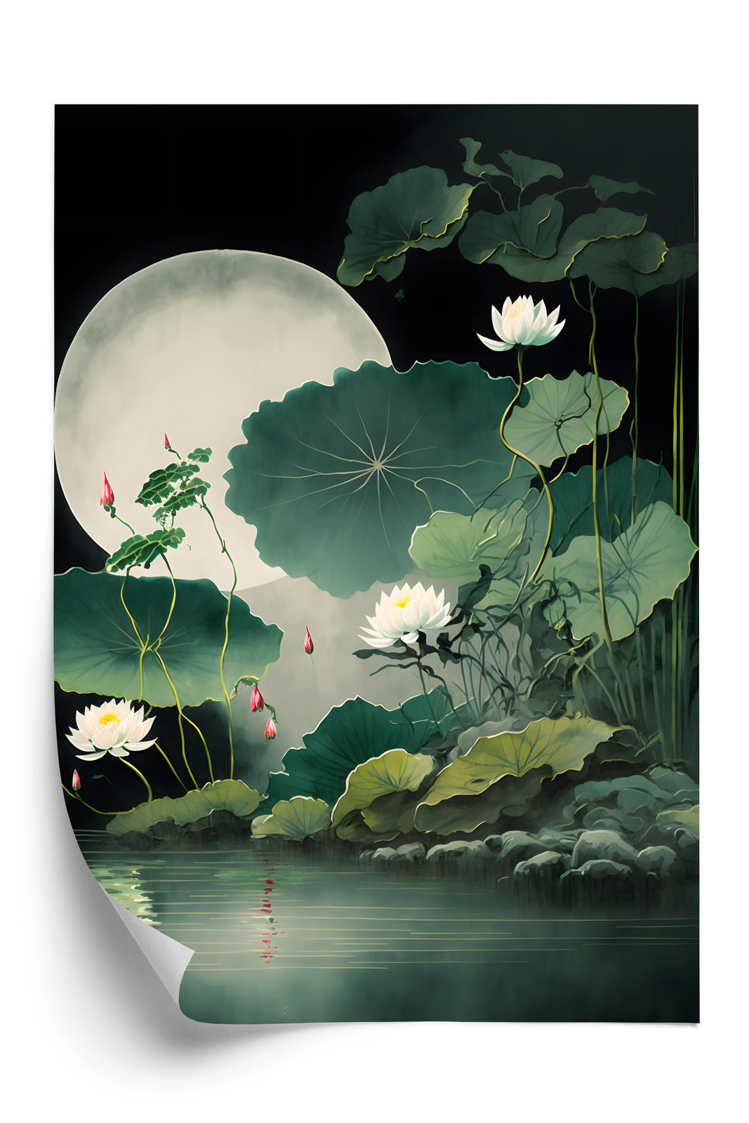 Poster Japanische Lotusblüten Und -Blätter Rahmen Holz Mit Passepartout Farbe Natürlich