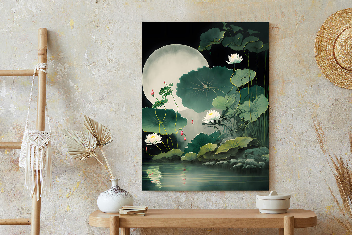 Poster Japanische Lotusblüten Und -Blätter Rahmen Holz Mit Passepartout Farbe Natürlich