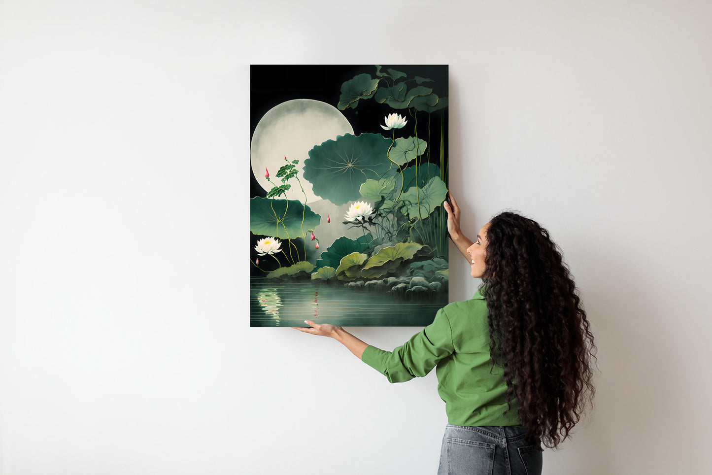 Poster Japanische Lotusblüten Und -Blätter Rahmen Holz Mit Passepartout Farbe Natürlich