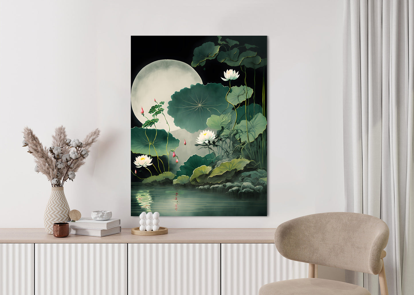 Poster Japanische Lotusblüten Und -Blätter Rahmen Holz Mit Passepartout Farbe Natürlich
