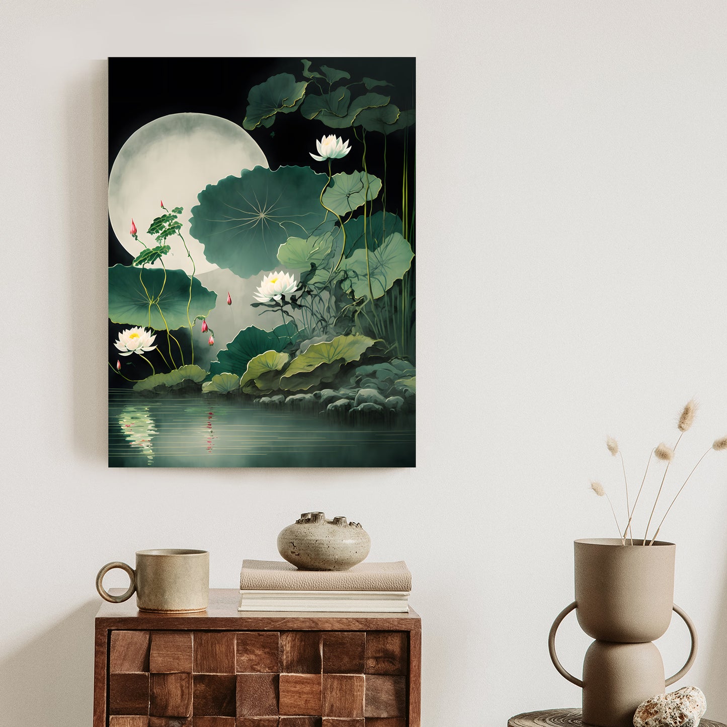 Poster Japanische Lotusblüten Und -Blätter Rahmen Holz Mit Passepartout Farbe Natürlich