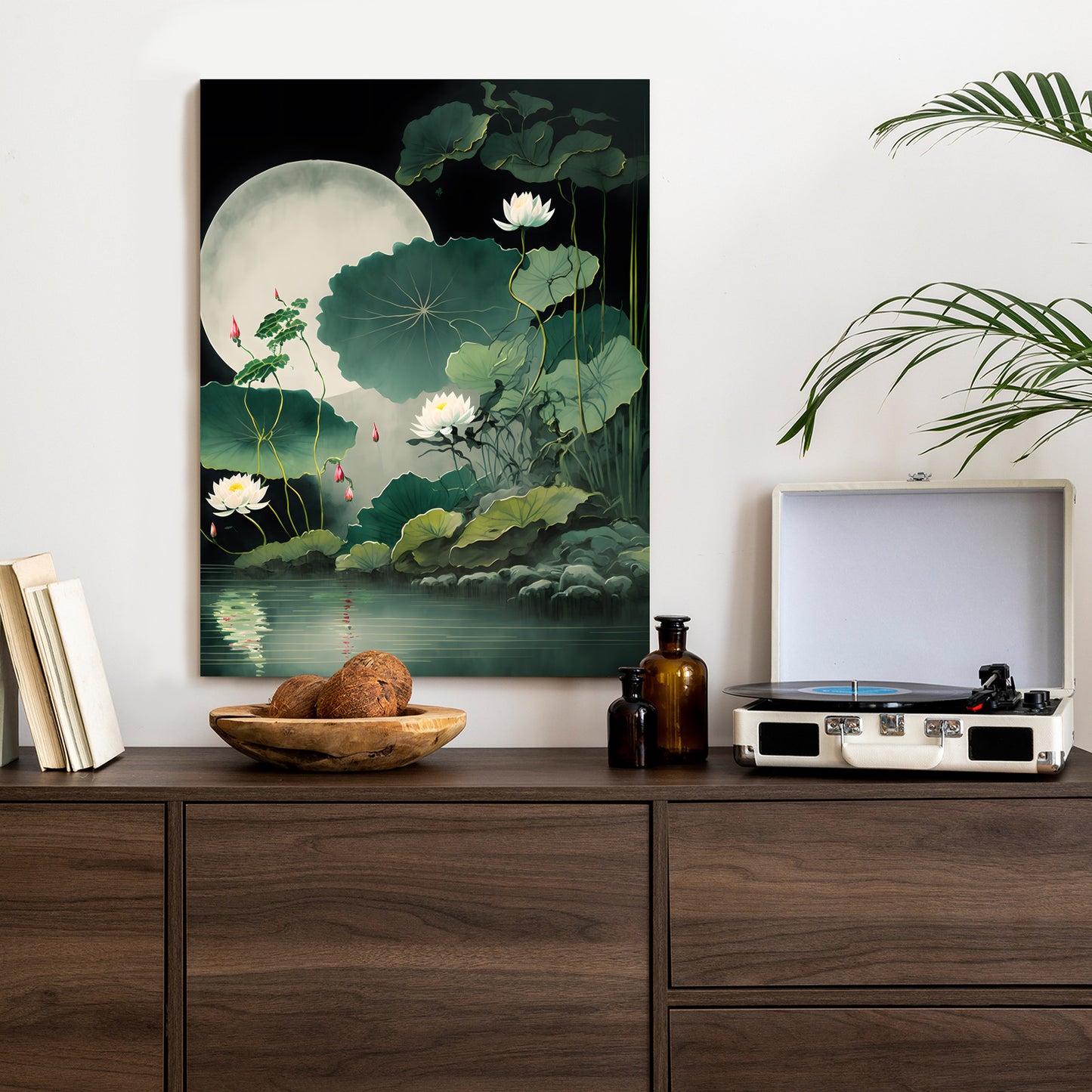 Poster Japanische Lotusblüten Und -Blätter Rahmen Holz Mit Passepartout Farbe Natürlich