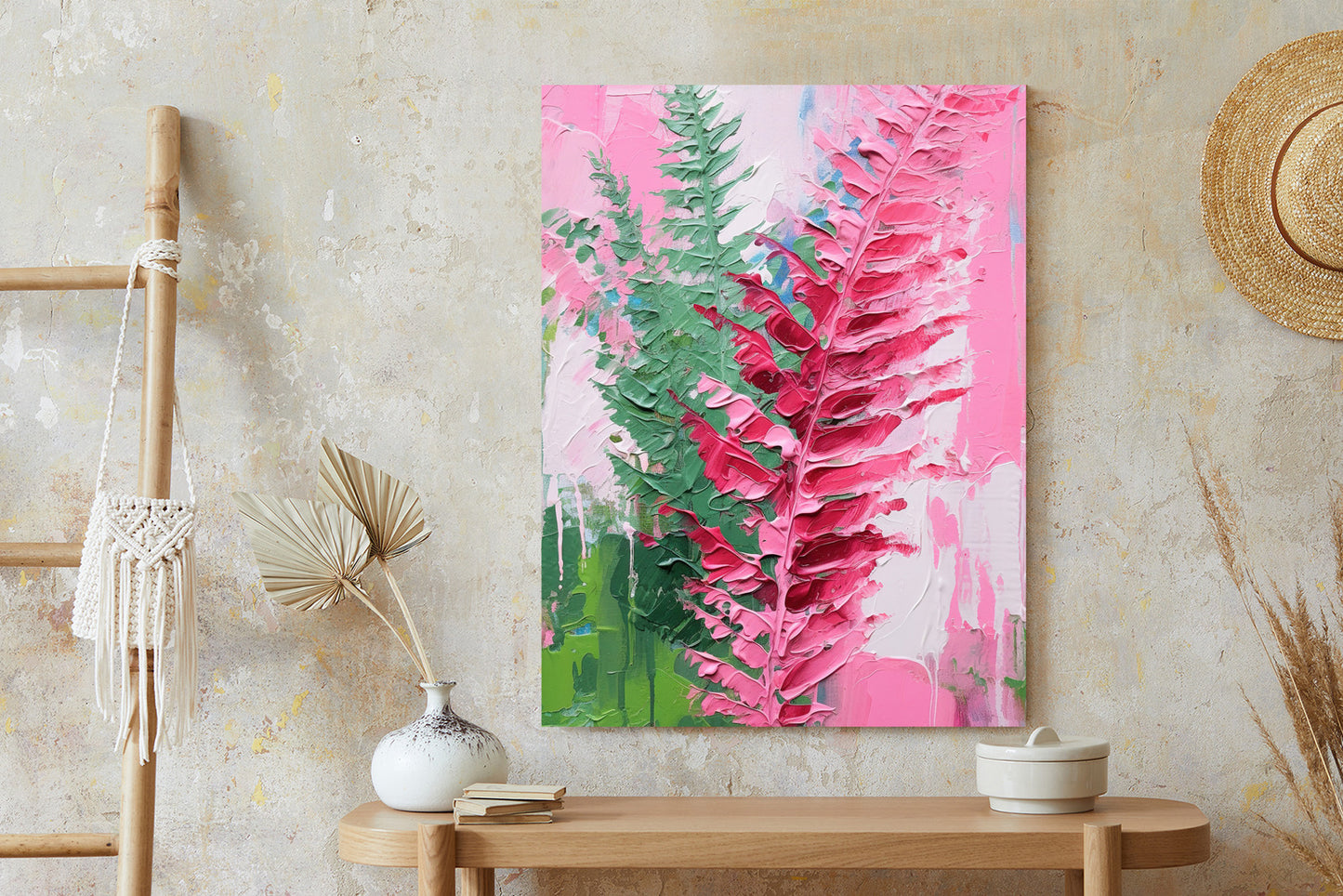 Poster Rosa Farnblätter Rahmen Holz Mit Passepartout Farbe Natürlich