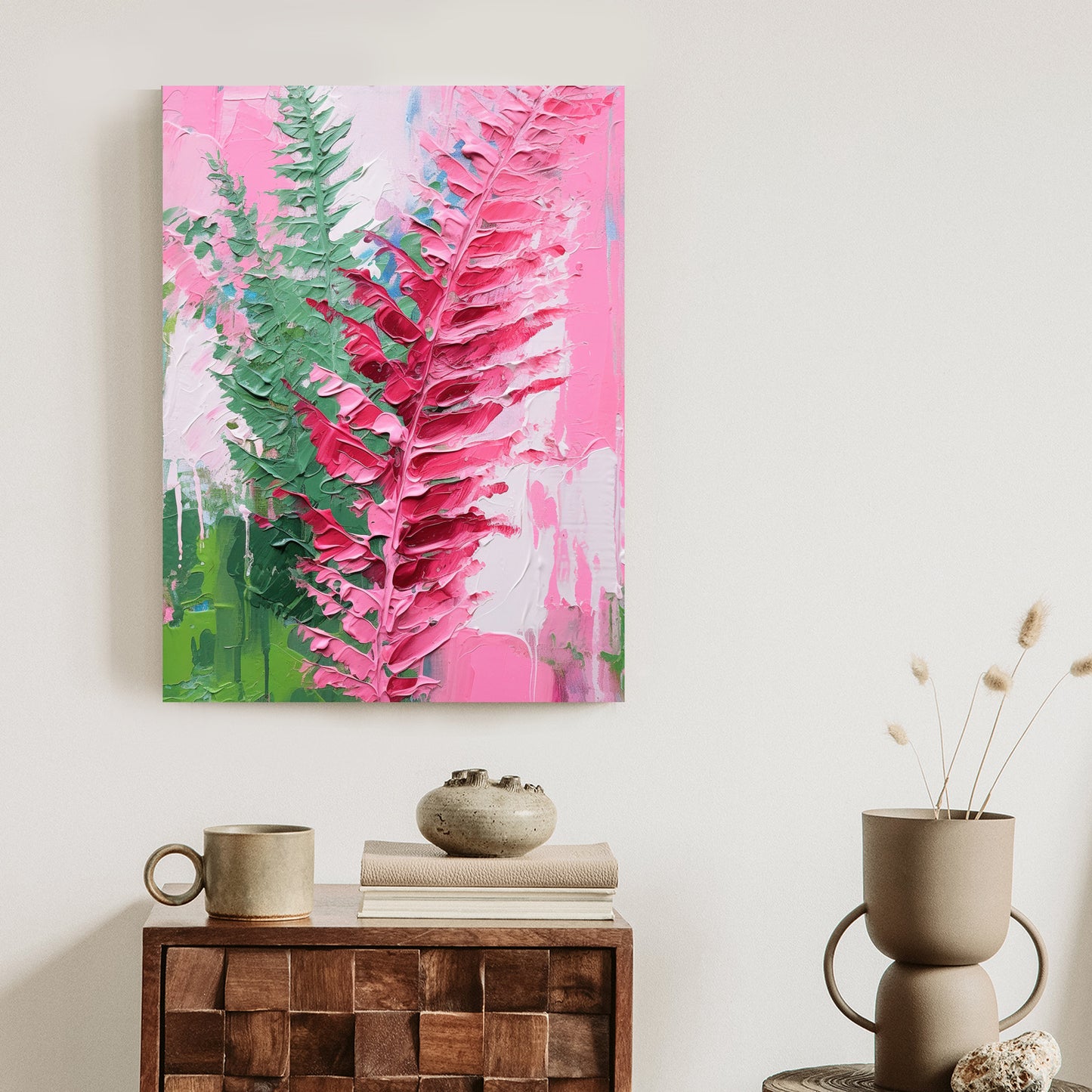 Poster Rosa Farnblätter Rahmen Holz Mit Passepartout Farbe Natürlich