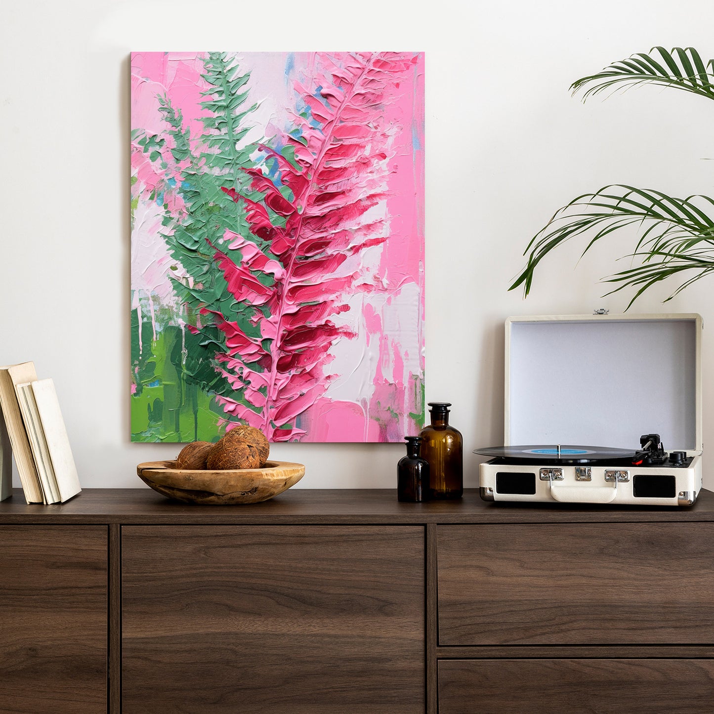 Poster Rosa Farnblätter Rahmen Holz Mit Passepartout Farbe Natürlich