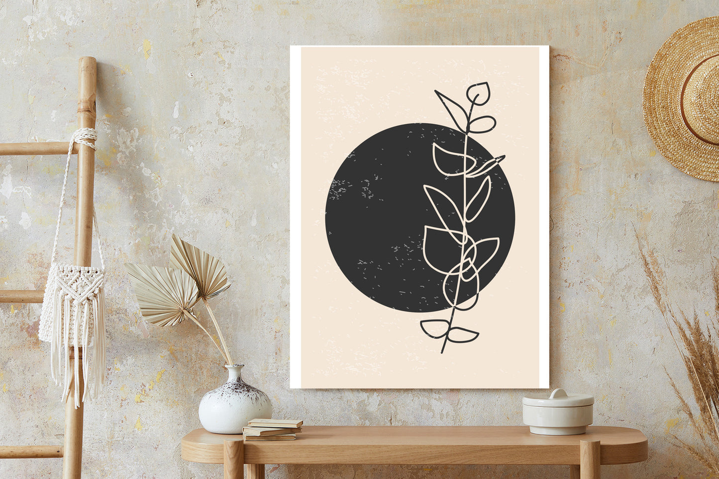 Poster Minimalistischer Zweig Und Kreis Rahmen Holz Mit Passepartout Farbe Natürlich