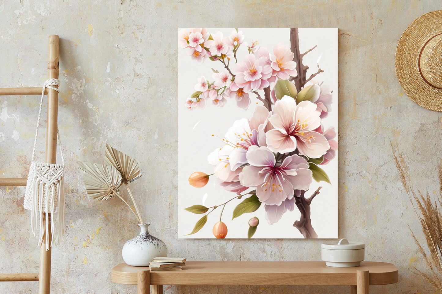 Poster Japanische Weiße Und Rosa Kirschblüten Rahmen Holz Mit Passepartout Farbe Natürlich