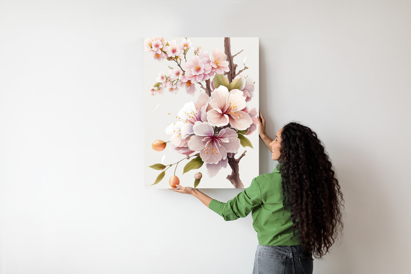 Poster Japanische Weiße Und Rosa Kirschblüten Rahmen Holz Mit Passepartout Farbe Natürlich