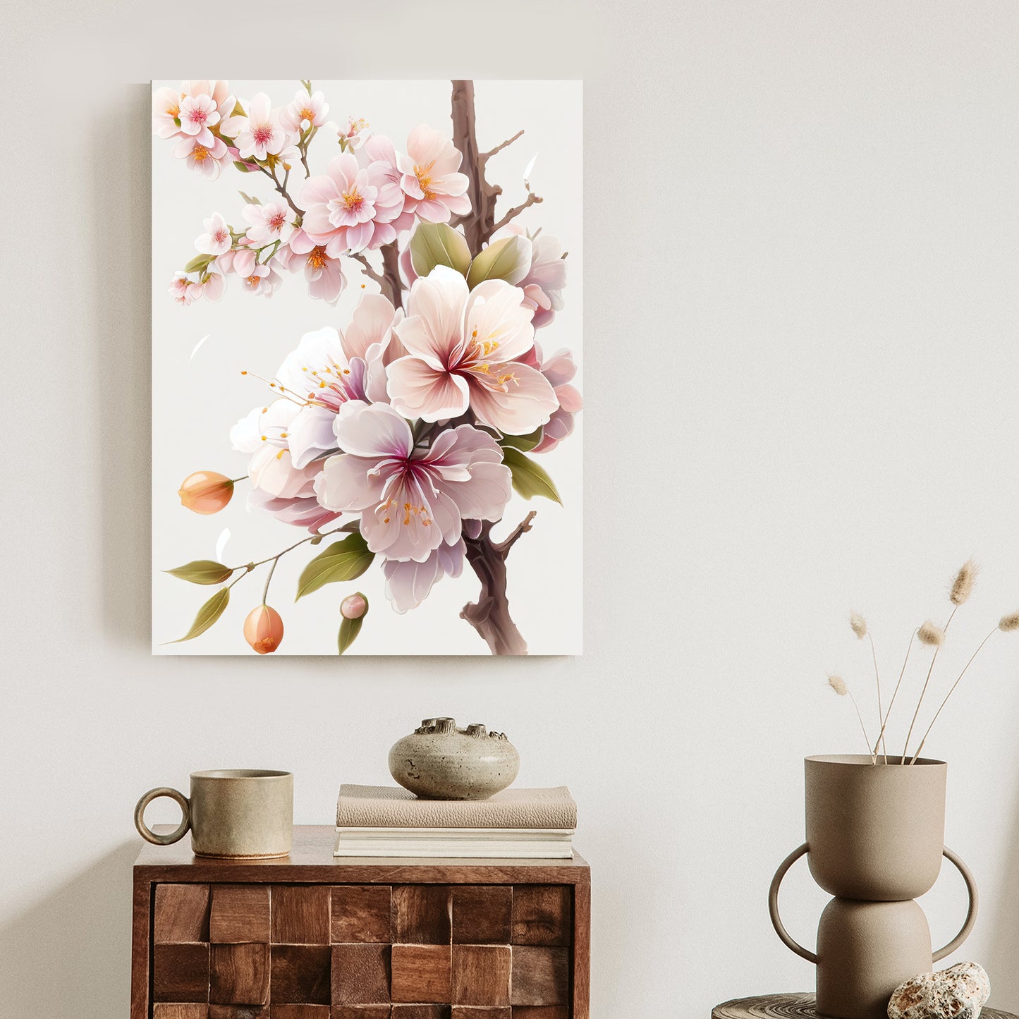 Poster Japanische Weiße Und Rosa Kirschblüten Rahmen Holz Mit Passepartout Farbe Natürlich