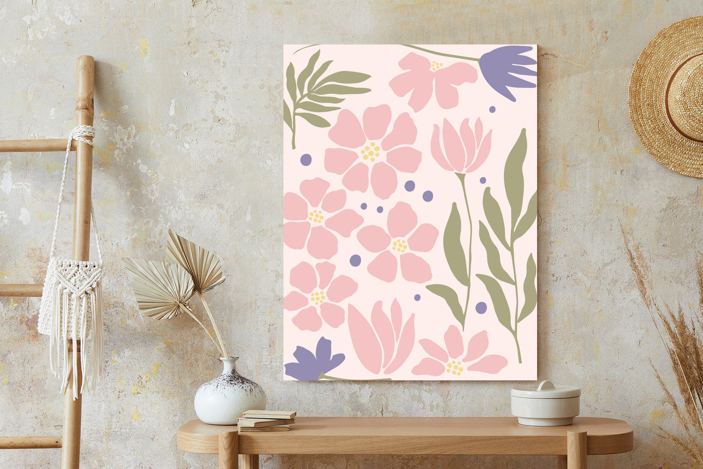 Poster Botanische Grafiken Mit Pastellblumen Rahmen Holz Mit Passepartout Farbe Natürlich