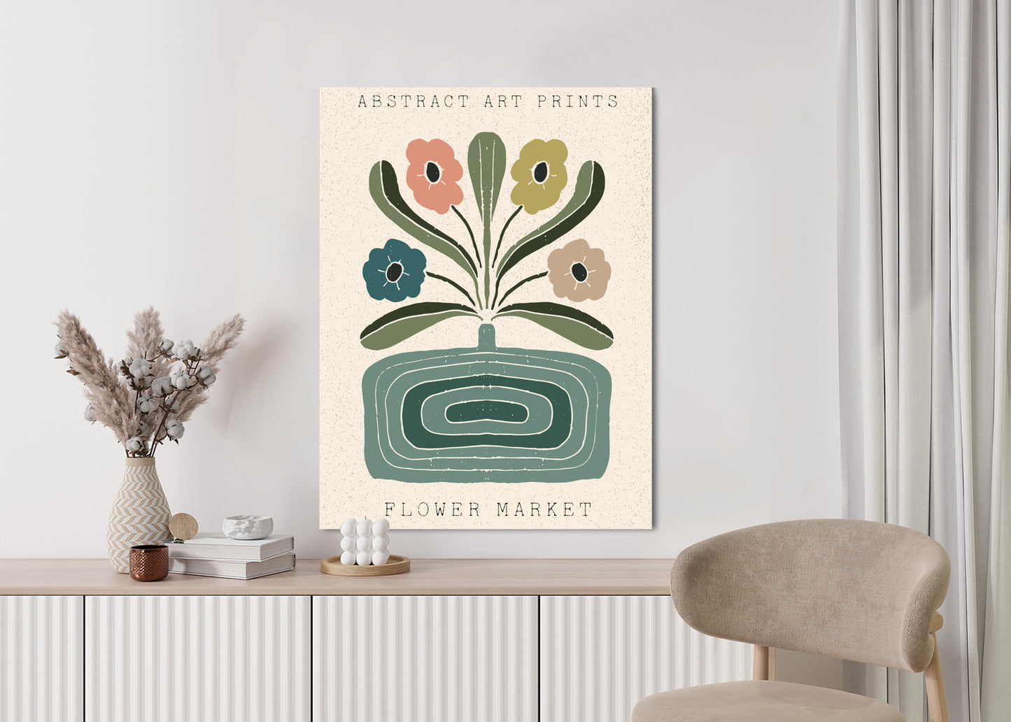 Poster Moderne Illustration Mit Einer Vase Voller Blumen Rahmen Holz Mit Passepartout Farbe Natürlich