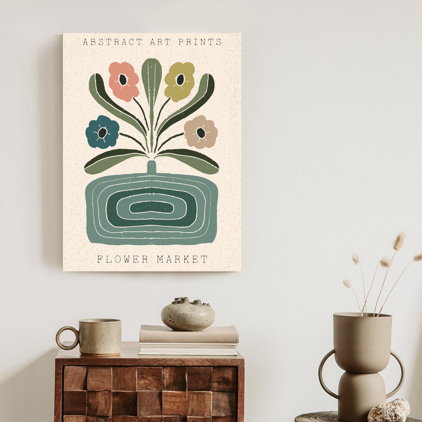 Poster Moderne Illustration Mit Einer Vase Voller Blumen Rahmen Holz Mit Passepartout Farbe Natürlich
