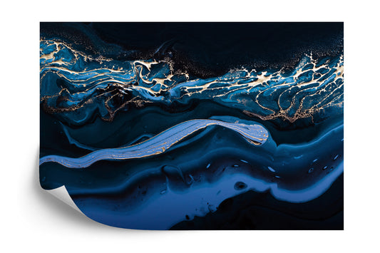 Fototapete Fluid Art. Liquid Metallic Gold In Abstract Blue Wave. Marble Effect Background Or Texture