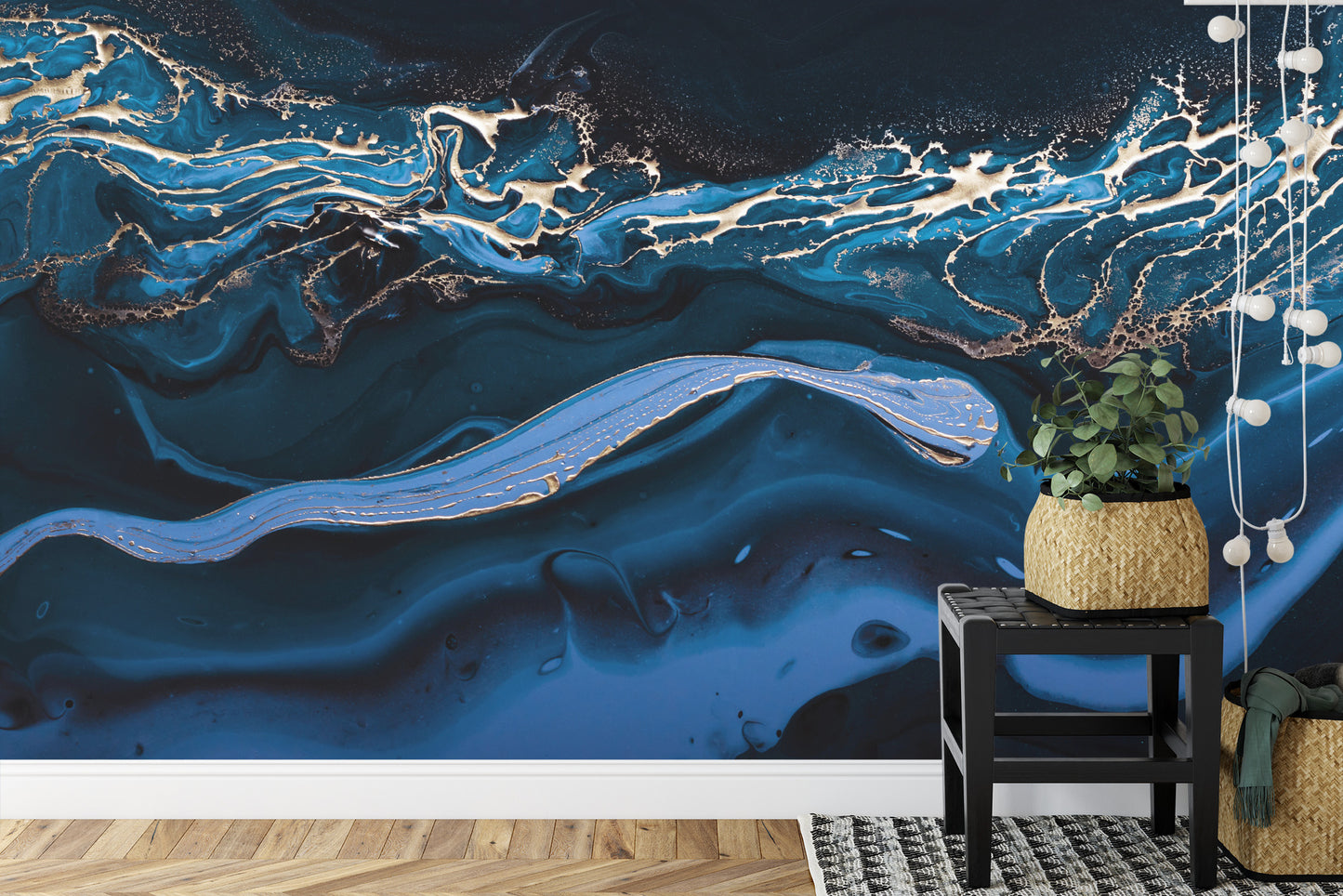 Fototapete Fluid Art. Liquid Metallic Gold In Abstract Blue Wave. Marble Effect Background Or Texture