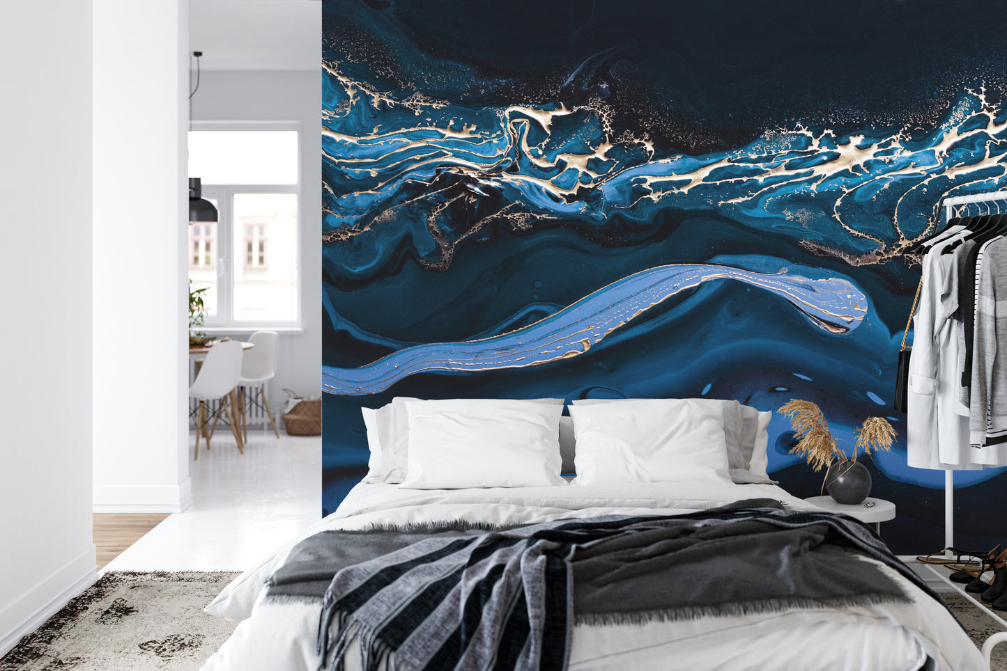 Fototapete Fluid Art. Liquid Metallic Gold In Abstract Blue Wave. Marble Effect Background Or Texture