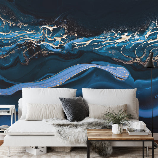 Fototapete Fluid Art. Liquid Metallic Gold In Abstract Blue Wave. Marble Effect Background Or Texture
