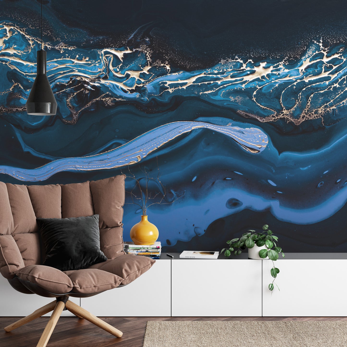 Fototapete Fluid Art. Liquid Metallic Gold In Abstract Blue Wave. Marble Effect Background Or Texture
