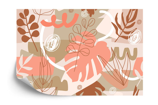Fototapete Contemporary Collage Seamless Pattern. Terracotta Abstract Shapes, Tropical Leaves And Continuous Line Of Leaf. Texture For Textile, Packaging, Wrapping Paper, Social Media Post Etc. .