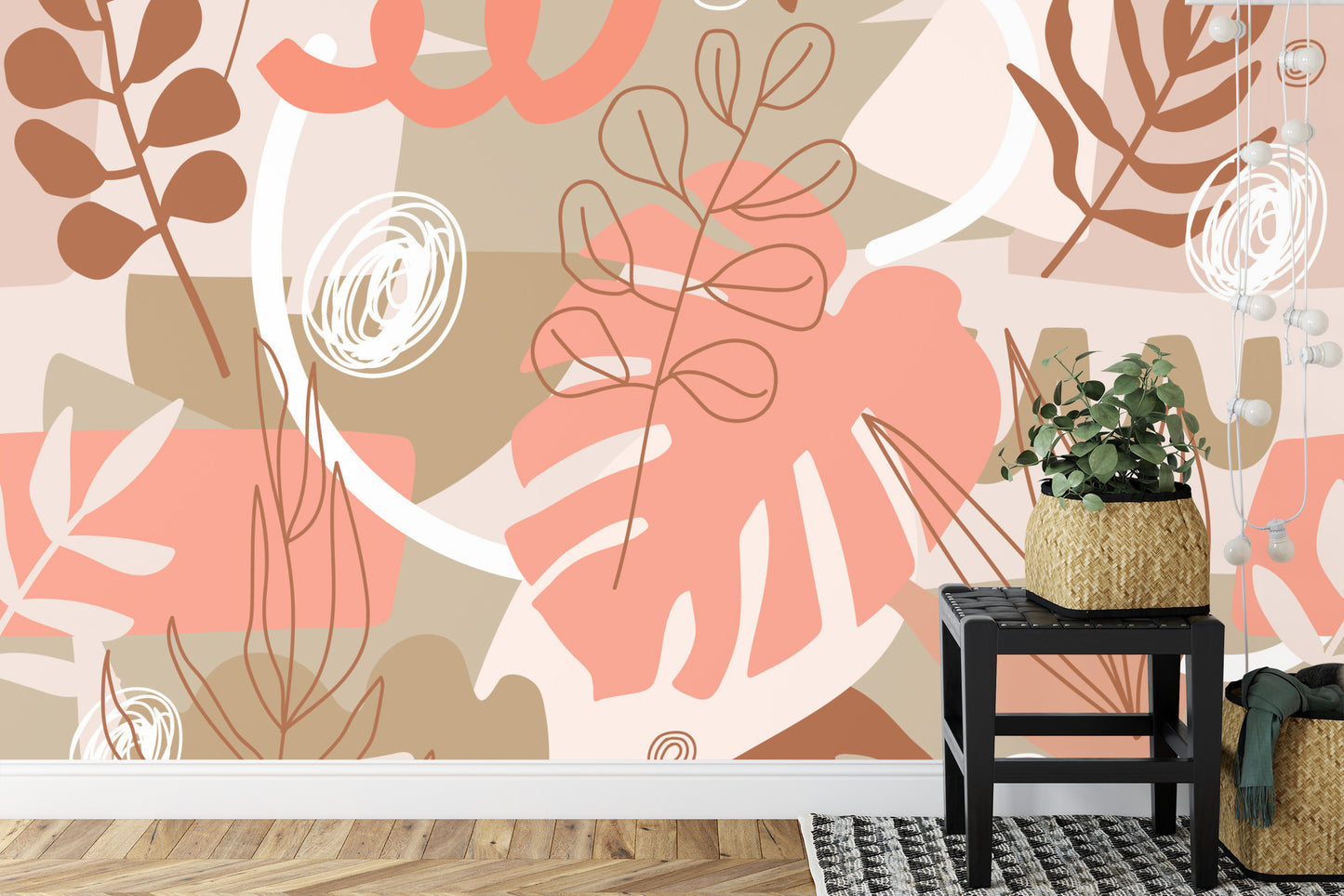 Fototapete Contemporary Collage Seamless Pattern. Terracotta Abstract Shapes, Tropical Leaves And Continuous Line Of Leaf. Texture For Textile, Packaging, Wrapping Paper, Social Media Post Etc. .