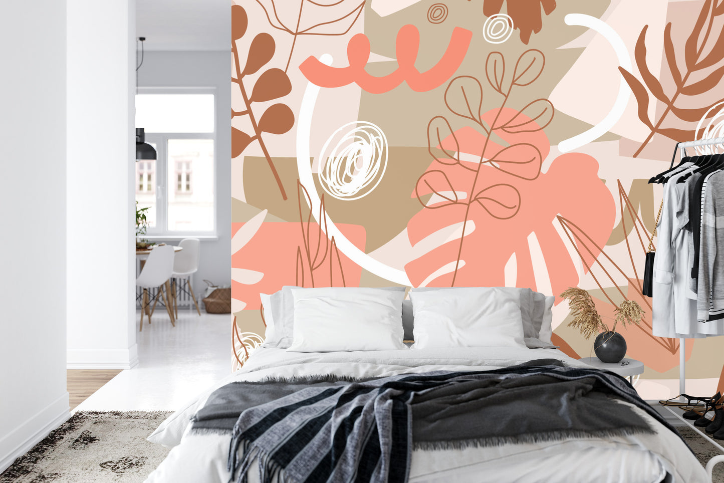 Fototapete Contemporary Collage Seamless Pattern. Terracotta Abstract Shapes, Tropical Leaves And Continuous Line Of Leaf. Texture For Textile, Packaging, Wrapping Paper, Social Media Post Etc. .