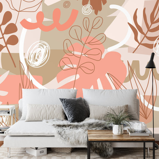 Fototapete Contemporary Collage Seamless Pattern. Terracotta Abstract Shapes, Tropical Leaves And Continuous Line Of Leaf. Texture For Textile, Packaging, Wrapping Paper, Social Media Post Etc. .