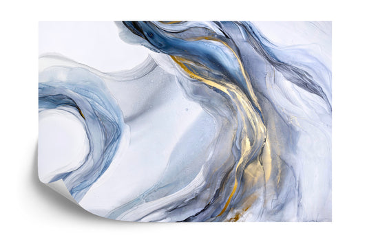 Fototapete Abstract Blue Art With Gray And Gold — Light Blue Background With Beautiful Smudges And Stains Made With Alcohol Ink And Golden Paint. Blue Fluid Texture Poster Resembles Watercolor Or Aquarelle.