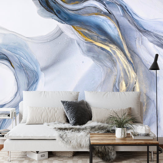 Fototapete Abstract Blue Art With Gray And Gold — Light Blue Background With Beautiful Smudges And Stains Made With Alcohol Ink And Golden Paint. Blue Fluid Texture Poster Resembles Watercolor Or Aquarelle.