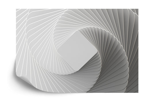 Fototapete 3D Render, Abstract White Geometric Background, Minimal Flat Lay, Twisted Deck Of Square Blank Cards With Rounded Corners