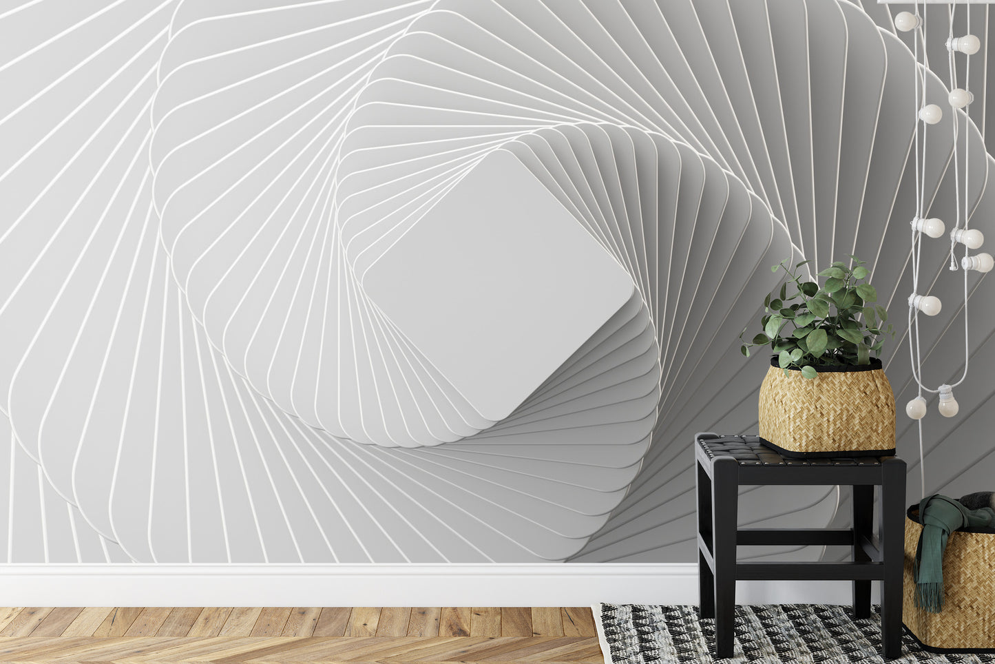 Fototapete 3D Render, Abstract White Geometric Background, Minimal Flat Lay, Twisted Deck Of Square Blank Cards With Rounded Corners