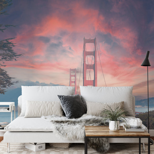 Fototapete Beautiful View Of Golden Gate Bridge In Background Of Mountains During Sunset