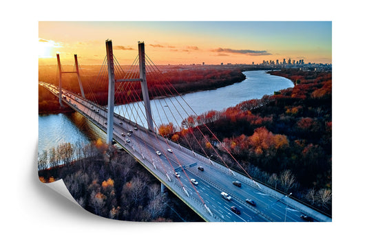 Fototapete Beautiful Panoramic Aerial Drone View To Cable-Stayed Siekierkowski Bridge Over The Vistula River And Warsaw City Skyscrapers, Poland In Gold Red Autumn Colors In November Evening At Sunset