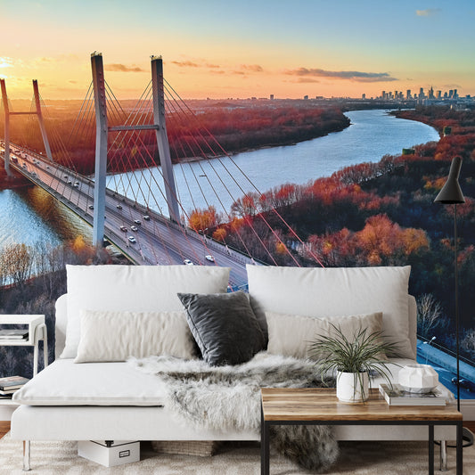 Fototapete Beautiful Panoramic Aerial Drone View To Cable-Stayed Siekierkowski Bridge Over The Vistula River And Warsaw City Skyscrapers, Poland In Gold Red Autumn Colors In November Evening At Sunset