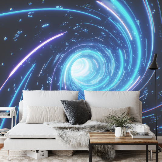 Fototapete Flying Inside Digital Data Tunnel. Futuristic Abstract Background With Neon Rays. Concept For Big Data, Blockchain, Cryptocurreny, Internet, Hyperspace And Space Travel. 4K 3D Render