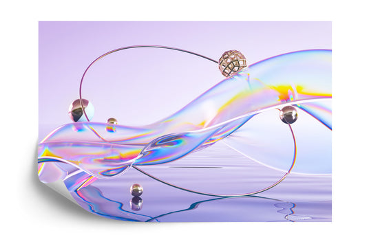 Fototapete Abstract 3D Render. Glass Ribbon On Water With Geometric Circle And Spheres. Holographic Shape In Motion. Iridescent Digital Art For Banner Background, Wallpaper. Transparent Glossy Design Element.
