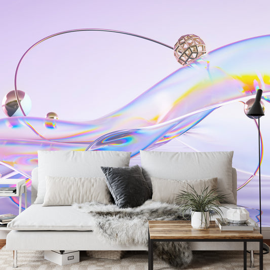 Fototapete Abstract 3D Render. Glass Ribbon On Water With Geometric Circle And Spheres. Holographic Shape In Motion. Iridescent Digital Art For Banner Background, Wallpaper. Transparent Glossy Design Element.