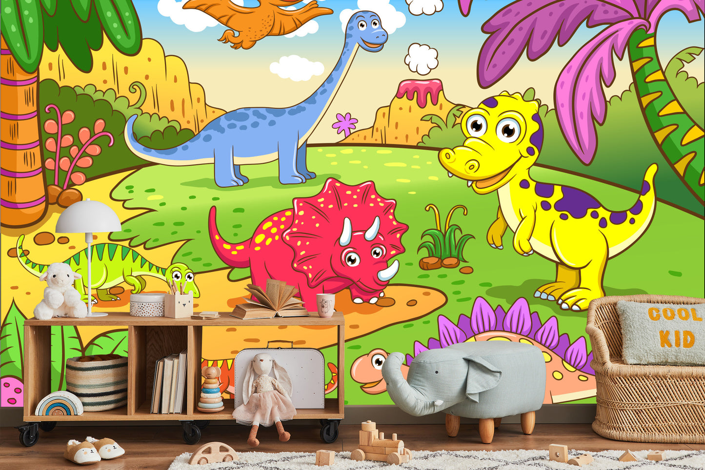Fototapete Bunte Dinosaurier Auf Einer Lichtung