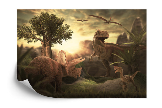 Fototapete Dinosaurier Bei Sonnenuntergang