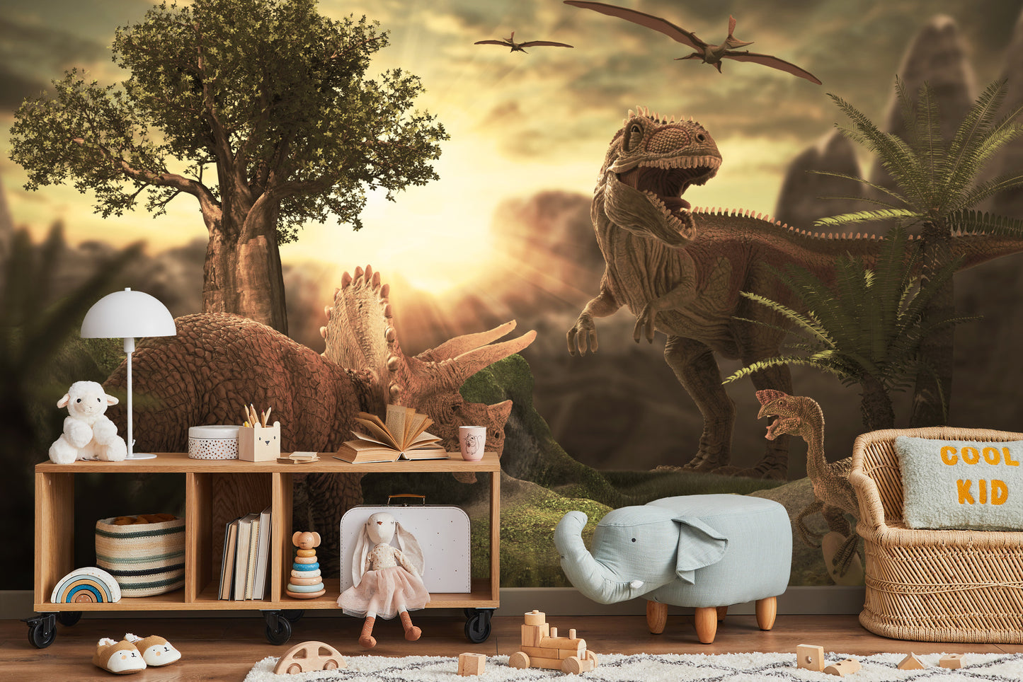 Fototapete Dinosaurier Bei Sonnenuntergang