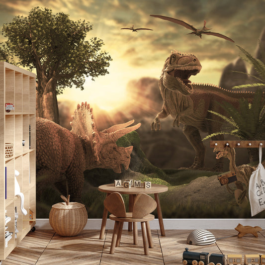 Fototapete Dinosaurier Bei Sonnenuntergang