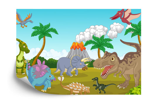 Fototapete Bunte Dinosaurier Und Vulkan