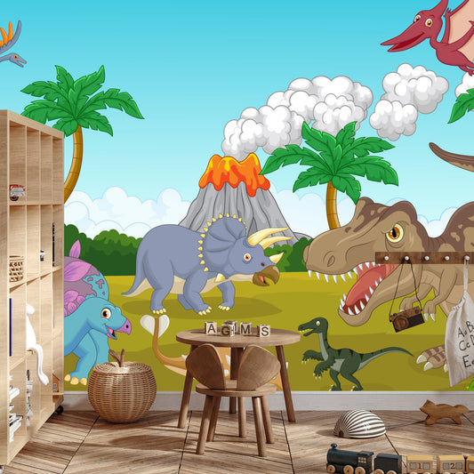 Fototapete Bunte Dinosaurier Und Vulkan