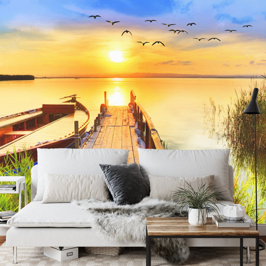 Fototapete Landschaft Mit Einem See Bei Sonnenuntergang