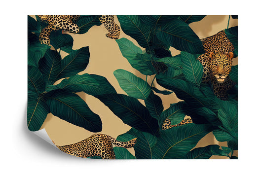 Fototapete Seamless Tropical Pattern With Exotic Trees, Leopards, And Palm Leaves. Abstract Jungle Pattern With Leopards, Digital