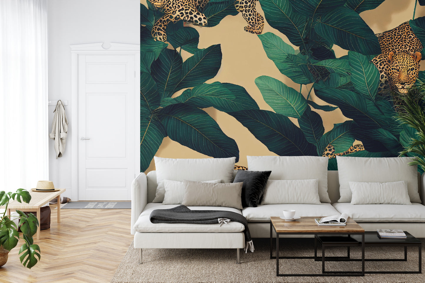 Fototapete Seamless Tropical Pattern With Exotic Trees, Leopards, And Palm Leaves. Abstract Jungle Pattern With Leopards, Digital