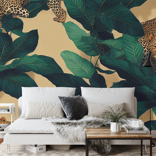 Fototapete Seamless Tropical Pattern With Exotic Trees, Leopards, And Palm Leaves. Abstract Jungle Pattern With Leopards, Digital